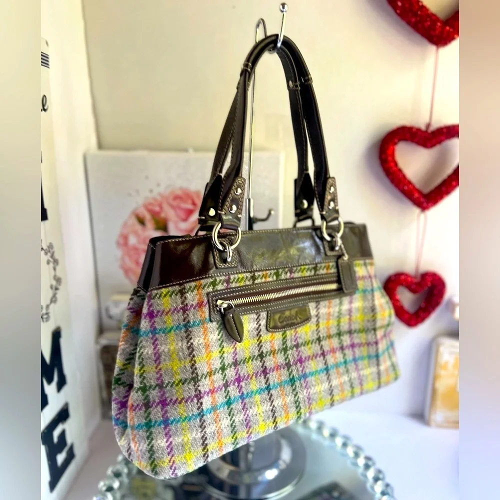 Coach Multicolor Plaid Shoulder Bag with Brown Leather